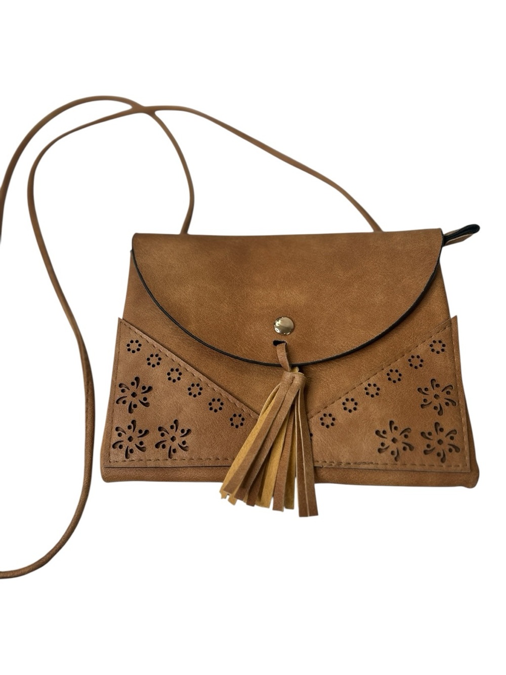 Boho Tan Faux Leather Small Crossbody Cell Phone Purse Bag w/ Tassel